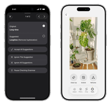 Un correcteur grammatical (à gauche) pourrait être l'une des nouvelles fonctions d'écriture pilotées par l'IA prévues par Apple, tandis que l'application Photos devrait devenir plus compétitive grâce à des options d'édition pilotées par l'IA.