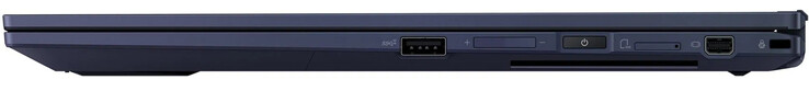 Côté droit : USB 3.2 Gen 2 (Type-A), bascule de volume, bouton d'alimentation/lecteur d'empreintes digitales, emplacement pour carte SIM, Mini DisplayPort, emplacement pour verrou de câble, lecteur de carte à puce (bord inférieur)