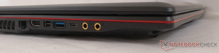 Côté gauche : verrou de sécurité Kensington, RJ-45, HDMI 1.4, mini DisplayPort, USB 3.1, USB C 3.1 Gen. 1, écouteurs 3,5 mm, SPDIF 3,5 mm.