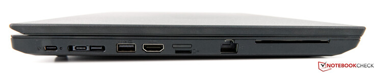 Côté gauche : USB C Gen2, connecteur side-dock (USB C Gen1 & networking), USB A 3.1, HDMI 1.4b, emplacement nano SIM, lecteur de carte micro SD, RJ45 LAN, lecteur de carte à puce.