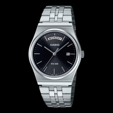 Montre Casio MTP-B146D-1AV en acier inoxydable, dotée d'un cadran noir à effet soleil et d'un bracelet argenté,