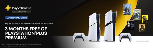 Les personnes qui achètent et activent une PS5 Pro ou une PS5 entre aujourd'hui et le 21 octobre recevront 3 mois de PlayStation Plus Premium. (Source de l'image : PlayStation)