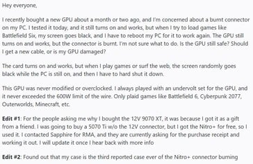 Défaillance du connecteur Sapphire Nitro RX 9070 XT 12VHPWR. (Source de l'image : r/pcmasterrace sur Reddit)