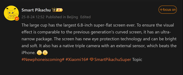 Rapport de Smart Pikachu sur le Xiaomi 16 Pro (Image source : Weibo - machine translated)