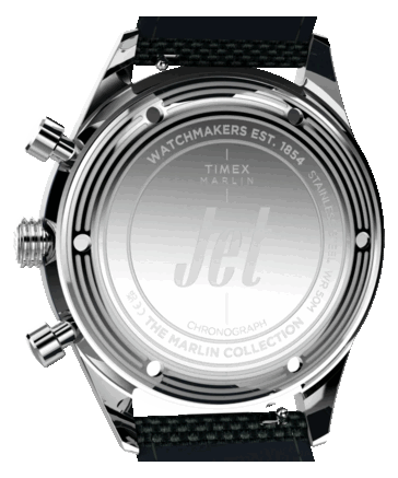 Vue arrière de la Timex Marlin Jet Chronograph montrant son fond de boîtier en acier inoxydable