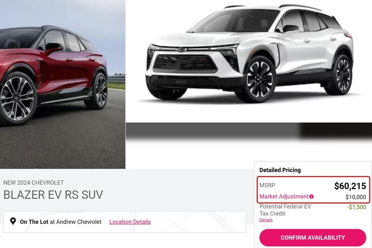 De nombreux concessionnaires n'ont pas encore affiché les prix du Blazer EV, mais certains d'entre eux ajoutent des majorations exorbitantes. (Source de l'image : Capture d'écran, Andrew Chevrolet)