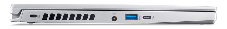 Côté gauche : Fente pour un verrou de câble, connecteur d'alimentation, USB 3.2 Gen 2 (USB-A), Thunderbolt 4 (USB-C ; Power Delivery, Displayport)