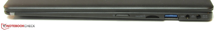 Côté droit : bouton de démarrage, lecteur de carte micro SD, USB A 3.1 Gen 1, jack 3,5 mm, entrée secteur.