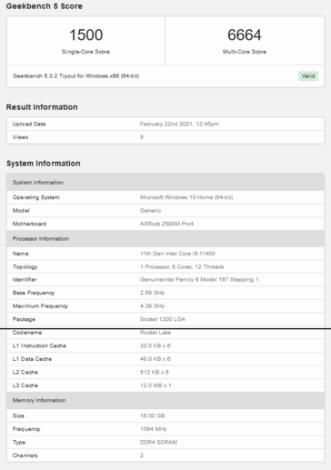 Intel Core i5-11400 Geekbench run (image via Geekbench)