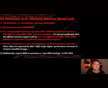 Diapositive de la vidéo Moore's Law Is Dead résumant les fuites autour des CPU AMD Zen 5 X3D, y compris les tests de mémoire DDR5-9800 et les plans du CES 2026 (Source d'image : Moore's Law Is Dead / YouTube)