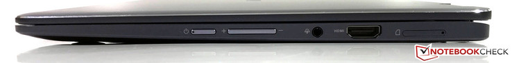 Côté droit : bouton de démarrage, volume, jack stéréo 3,5 mm, HDMI, Nano-SIM et micro SD.