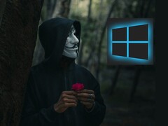 Une personne portant un masque de Guy Fawkes regarde un logo Windows (Source de l&#039;image : Peakpx et Ahmed Zayan via Unsplash ; édité)