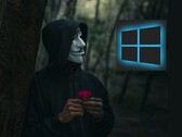 Une personne portant un masque de Guy Fawkes regarde un logo Windows (Source de l'image : Peakpx et Ahmed Zayan via Unsplash ; édité)