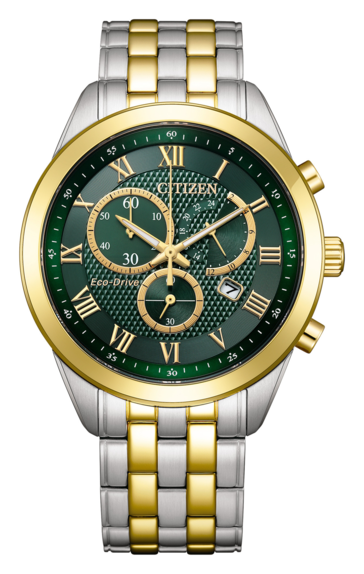 Chronographe Citizen AT2604-56X Eco-Drive doté d'un cadran texturé vert émeraude, d'une lunette dorée et de chiffres romains, ainsi que d'un bracelet bicolore en acier inoxydable.