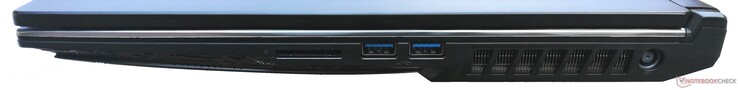 Côté gauche : lecteur de carte SD, 2 USB A 3.2 Gen. 1, entrée secteur.