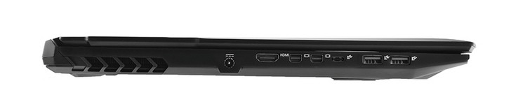 Côté gauche : entrée secteur, HDMI 2.0, 2 mini DisplayPort 1.3, Thunderbolt 3, 2 USB 3.1.
