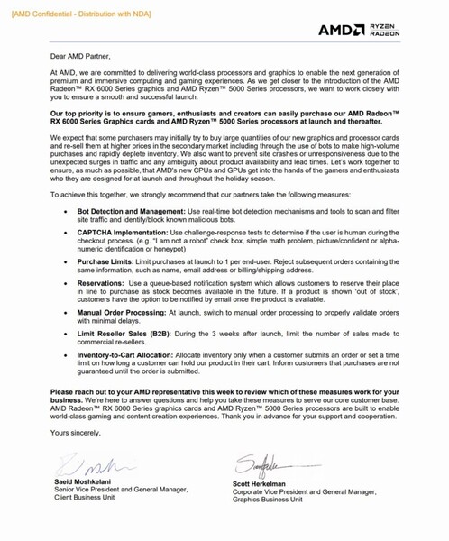 La lettre qu'AMD a fait circuler auprès de ses partenaires d'embarquement avant le lancement de la série RX 6000. (Source de l'image : AMD)