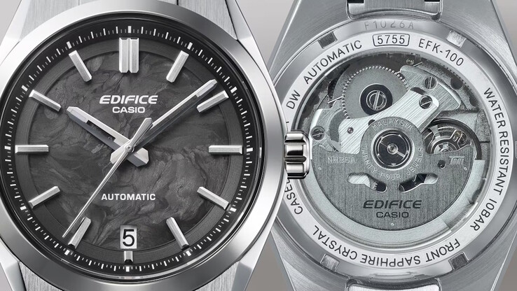 La Casio Edifice EFK-100D-1A avec cadran en carbone forgé possède un fond transparent. (Source de l'image : Casio)