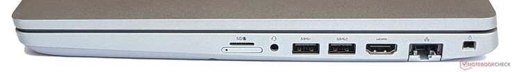 Côté droit : Lecteur de carte MicroSD (en haut), fente pour carte SIM (en bas), 2x USB 3.2 Gen 1 Type-A, HDMI, Gigabit LAN, verrouillage du câble
