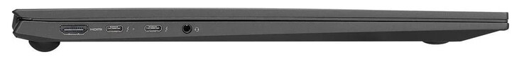 Côté gauche : HDMI, 2x Thunderbolt 4 (USB-C ; Power Delivery, DisplayPort), combo audio
