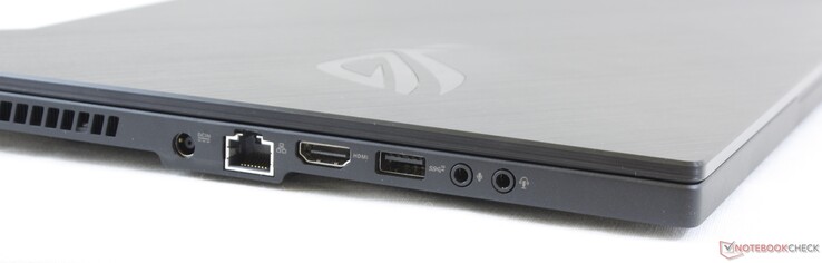 Côté gauche : entrée secteur, Gigabit RJ-45, HDMI 2.0b, USB A 3.2 Gen. 2, micro 3,5 mm, écouteurs 3,5 mm.