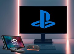 Switch 2 à côté d'un écran PC avec le logo PlayStation (Source de l'image : Nintendo of America, Sony PlayStation avec modifications)
