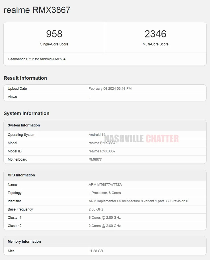 Le "Realme 12+" affiche sur Geekbench un résultat peu engageant, mais potentiellement révélateur. (Source : Geekbench via NashvilleChatter)