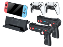 Le Sjgam M20 Pro est livré avec une station d'accueil, deux manettes de jeu et deux pistolets lumineux. (Source de l'image : Retro Handhelds)