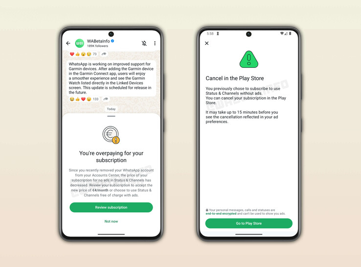 Des captures d'écran de WABetaInfo montrent un prix d'abonnement de 4 euros par mois (Source : WABetaInfo)