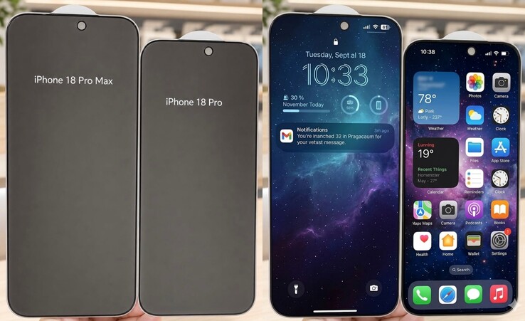 Les protections d'écran de la série iPhone 18 Pro qui ont fait l'objet d'une fuite (à gauche) semblent plus hautes que celles de la série iPhone 17 Pro. La fuite/rumeur d'un format d'écran plus grand n'a pas encore été corroborée par d'autres sources.