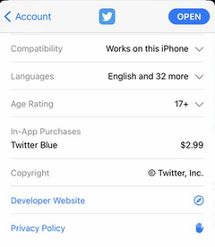 Twitter Blue, une version payante de Twitter, est peut-être en passe de voir le jour. (Image via Jane Manchun Wong sur Twitter)