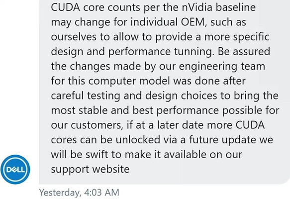 Déclaration de Dell à Jarrod's Tech concernant l'Alienware m15 R5. (Source de l'image : Jarrod's Tech)