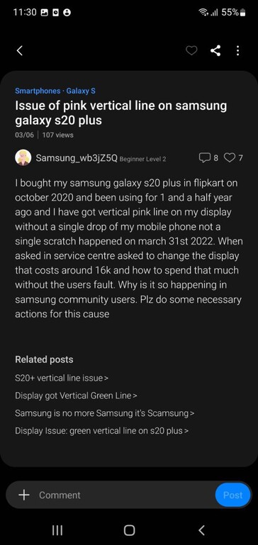 Des utilisateurs se plaignent des problèmes d'affichage du Galaxy S20 Plus sur les membres de Samsung (image via propre)