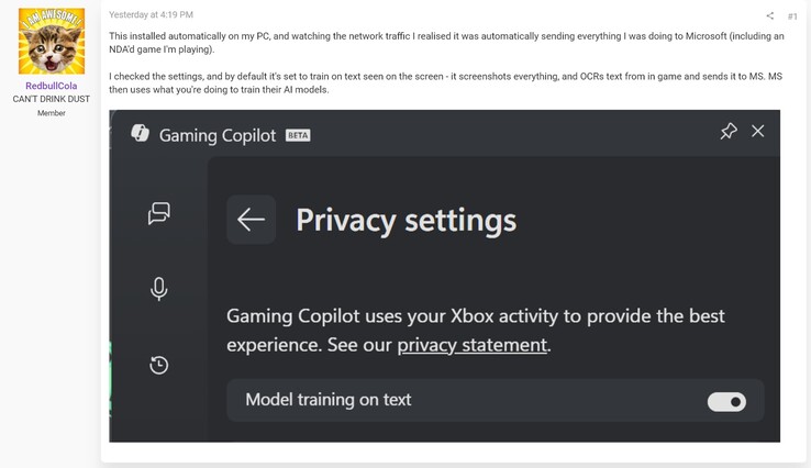 Gaming Copilot : problèmes de confidentialité (Source de l'image : capture d'écran, forums RedbullCola@ResetEra)
