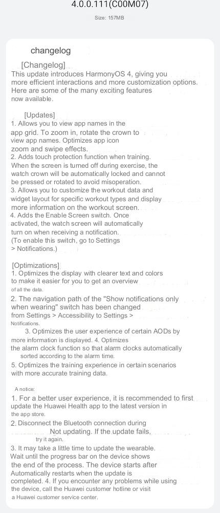 Le changelog de la mise à jour 4.0.0.111(C00M07) pour la Huawei Watch GT 3 Pro. (Source de l'image : Huawei.blog/Google Translate)