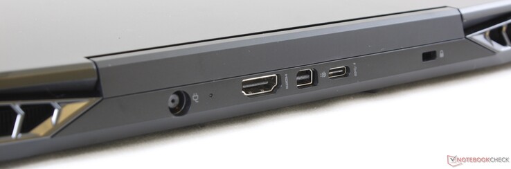 A l'arrière : entrée secteur, HDMI 2.0, mini DisplayPort 1.3, USB C Gen. 2, verrou de sécurité Kensington.