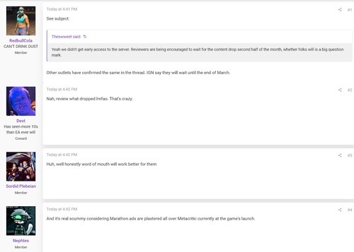 Message du forum ResetEra sur le retard de l'examen du Marathon
