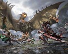 Les chasseurs affrontent une wyverne ailée en combat coopératif dans Monster Hunter Outlanders. 