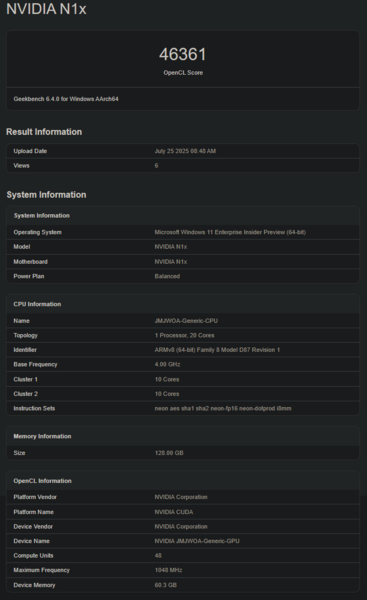 Performances du GPU Nvidia N1X (Geekbench) (source : Geekbench)