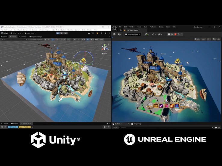 La démo compare le projet Fantasy Kingdom exécuté dans l'éditeur Unity à la version rendue par Unreal Engine.