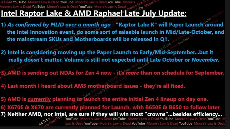 Des fuites du MLID concernant Raptor Lake et la date de sortie du Zen 4. (Source : MLID)