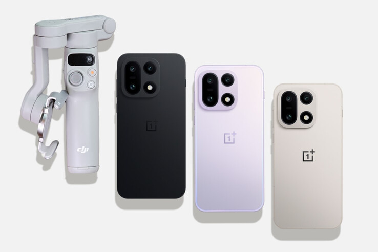 Le OnePlus 15 dans ses trois couleurs de lancement mondial avec un DJI Osmo Mobile 7. (Source de l'image : OnePlus)