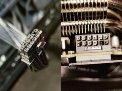 Un câble d'alimentation 12VHPWR brûlé et le connecteur d'alimentation du GPU. (Source de l'image : Roachard sur Reddit. Modifié)