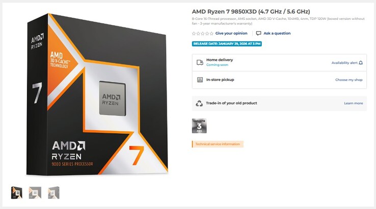 Liste des Ryzen 7 9850X3D. (Source de l'image : LDLC)