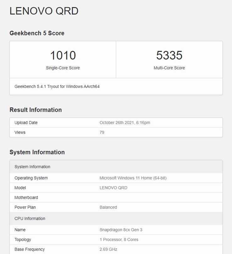 Un QRD basé sur les caractéristiques du 8cx Gen 3 sur Geekbench, encore. (Source : Geekbench)