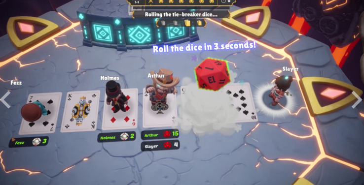 Partie multijoueur « One Last Hand » montrant les cartes et un lancer de dés pour départager les ex æquo