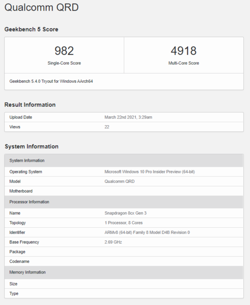 Le Snapdragon 8cx Gen 3 semble avoir été testé dans un appareil Qualcomm Reference Design. (Image source : Geekbench)