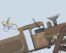 Scène de jeu de Happy Wheels montrant un père et son enfant roulant à vélo vers une grande locomotive sur un parcours d'obstacles créé par un utilisateur.