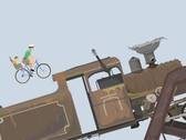 Scène de jeu de Happy Wheels montrant un père et son enfant roulant à vélo vers une grande locomotive sur un parcours d'obstacles créé par un utilisateur.