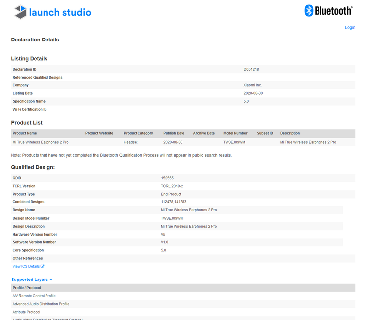 Les écouteurs Mi True Wireless Earphones 2 Pro sont maintenant autorisés à utiliser Bluetooth 5.0. (Source : Bluetooth SIG)